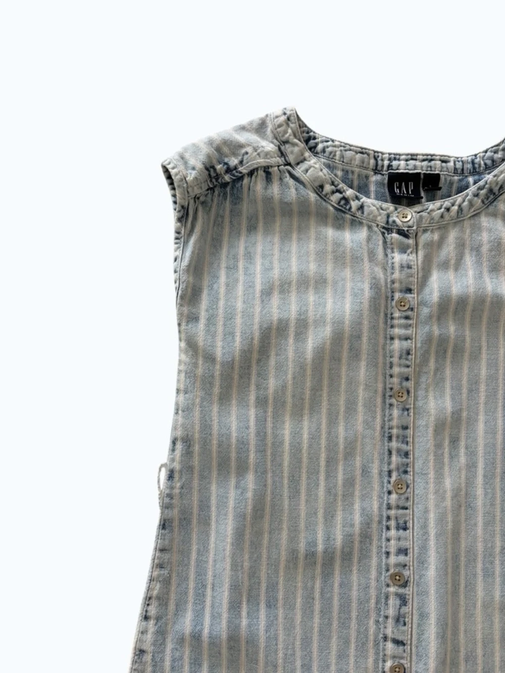 GAP Light Blue and White Striped Sleeveless Button-Front Dress